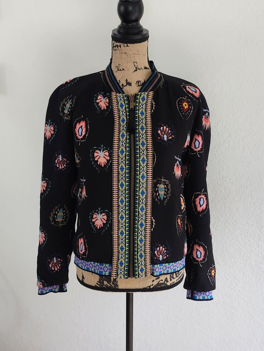 Desigual Black Printed Embroidered Bomber Jacket Sz M (38)